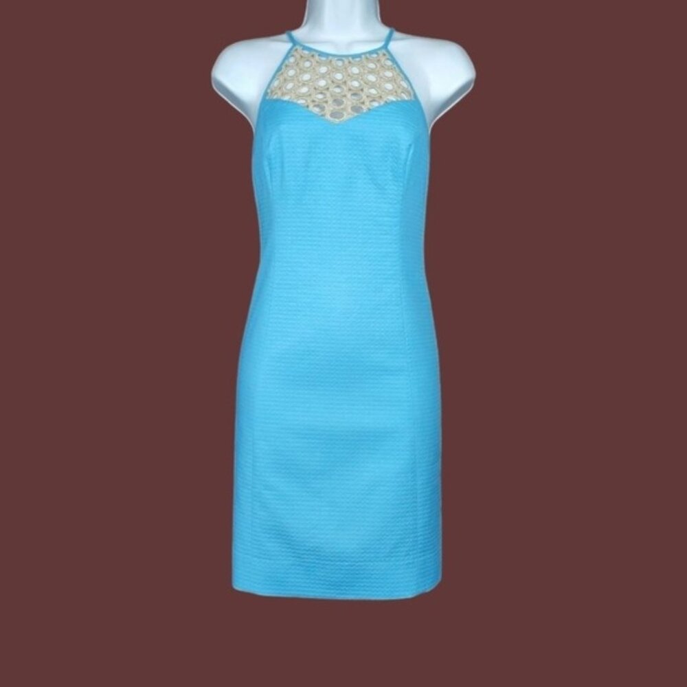 Lilly Pulitzer Womens Larina Seaspray Blue Gold Shift Mini Dress Size 2 NWT